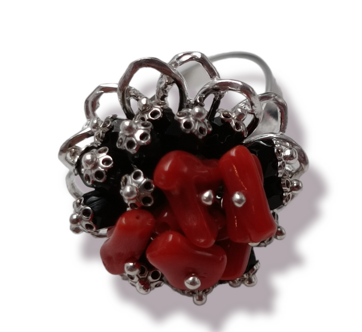 Anello su corallo vero ed agata