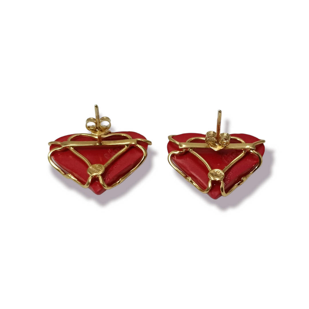 Coral paste heart earrings mounted on silver 